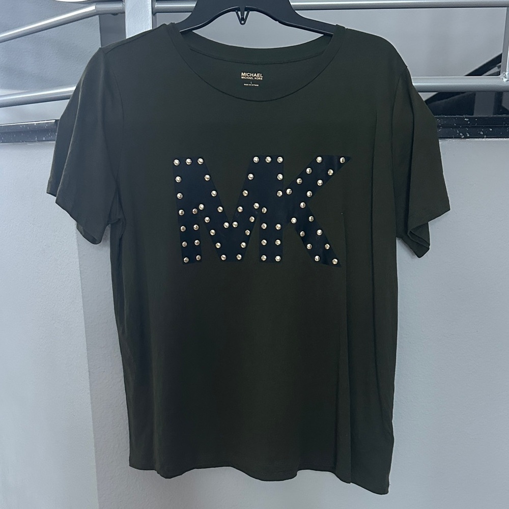 Michael Kors Dark Green Tee with Studded MK Logo Size L
